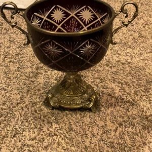 Cut to clear ruby red compote bowl with brass handles and stand ornate vintage